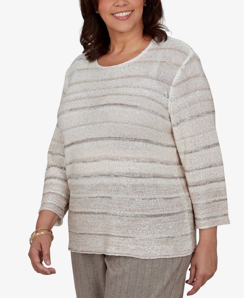 Plus Size Crew Neck 3/4-Sleeve Striped Sweater