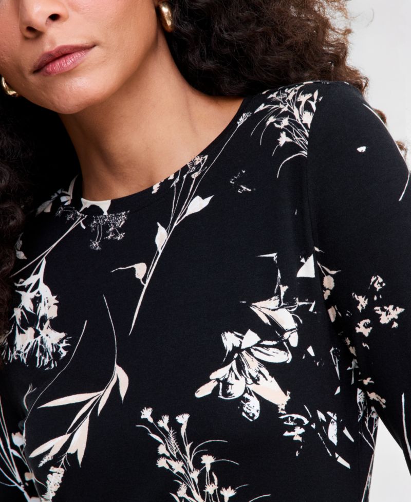 Women's Floral-Print Long-Sleeve Crewneck Top