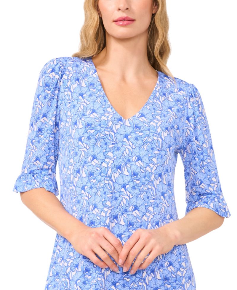 Women's V-Neck Ruffled Floral 3/4- Sleeve Shift Dress