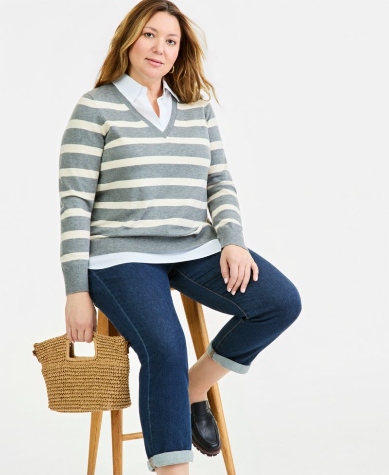 Petite Two-Fer Striped V-Neck Sweater