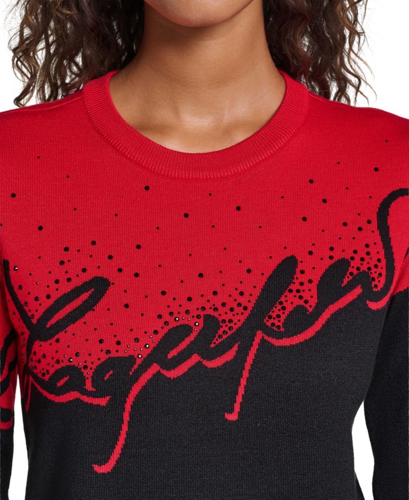 Women's Rhinestone-Logo Long-Sleeve Colorblock Sweater