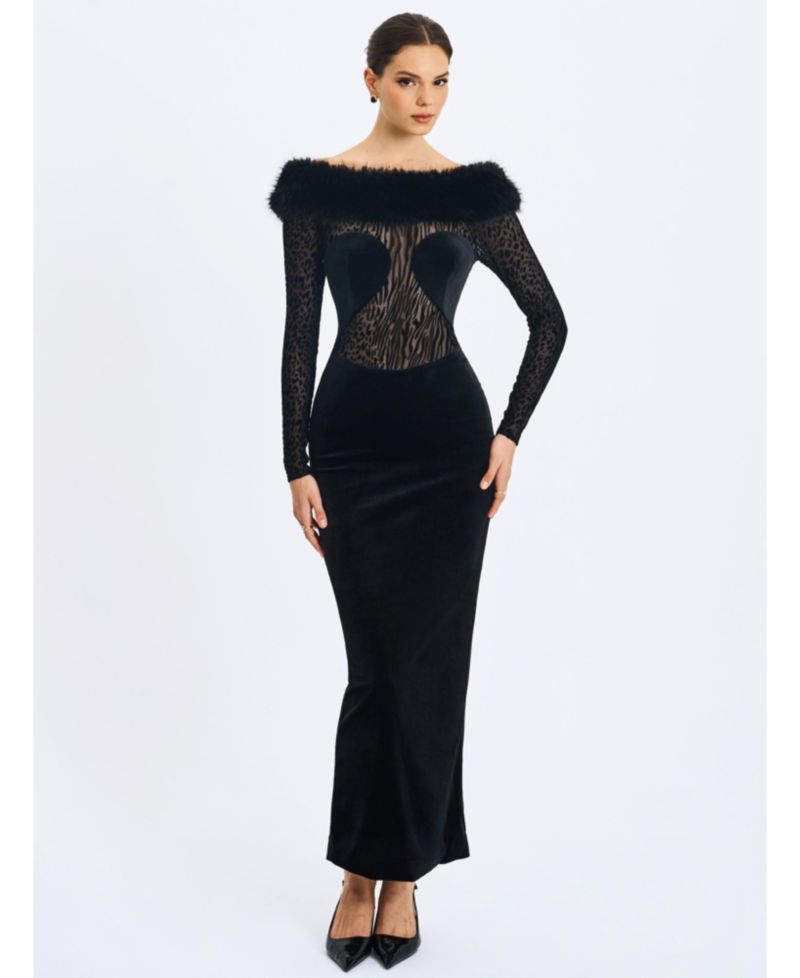 Women's Alexis Black Animal Print Faux Fur Boatneck Maxi Dress