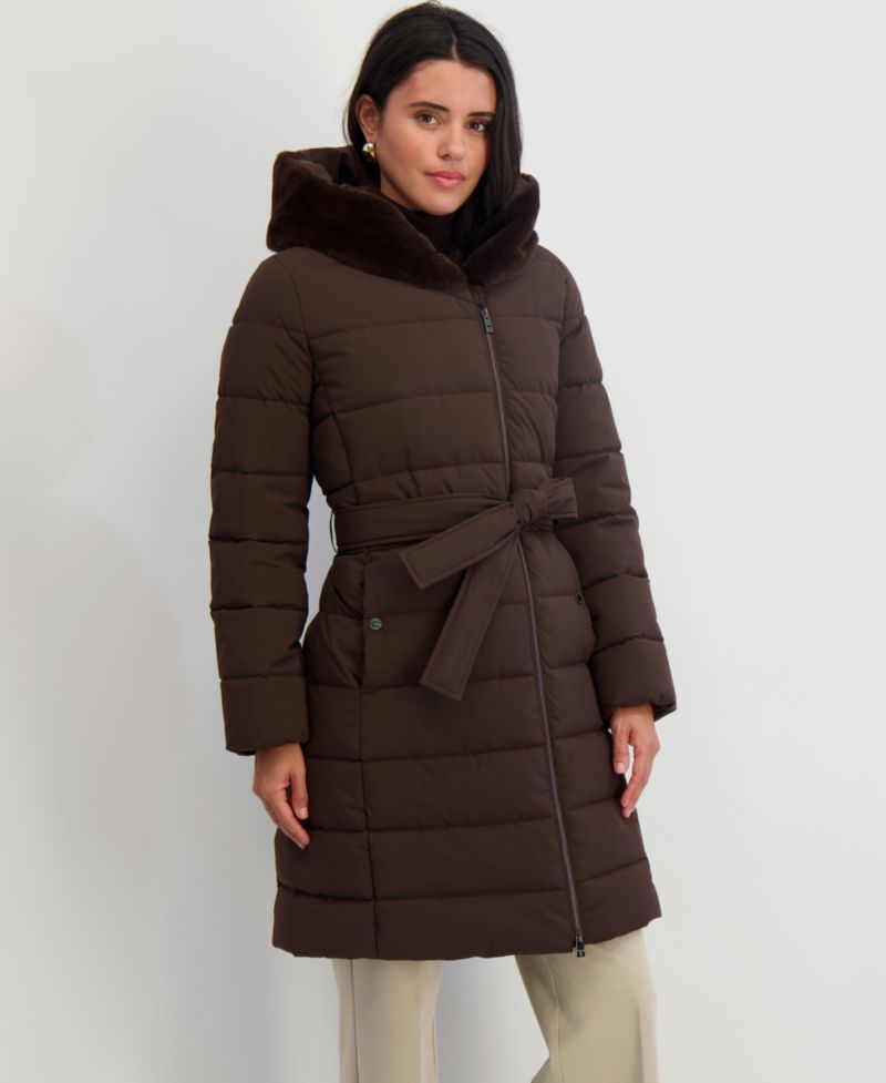 Women's Faux-Fur-Trim Hooded Belted Puffer Coat