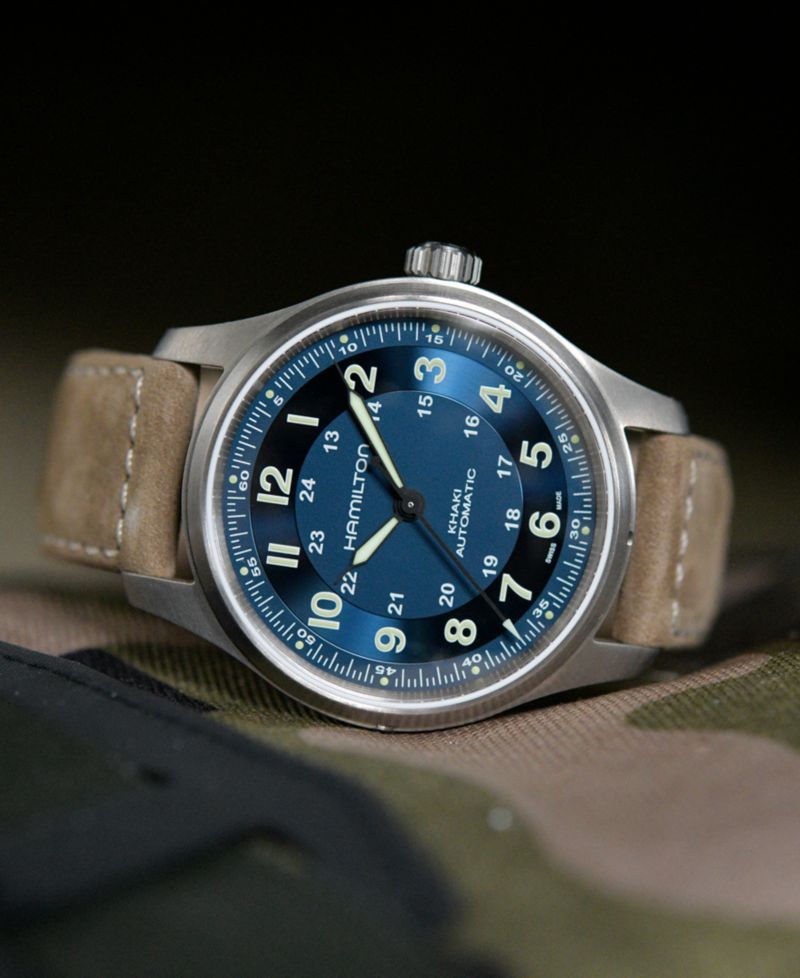 Men's Swiss Automatic Khaki Field Brown Leather Strap Watch 42mm