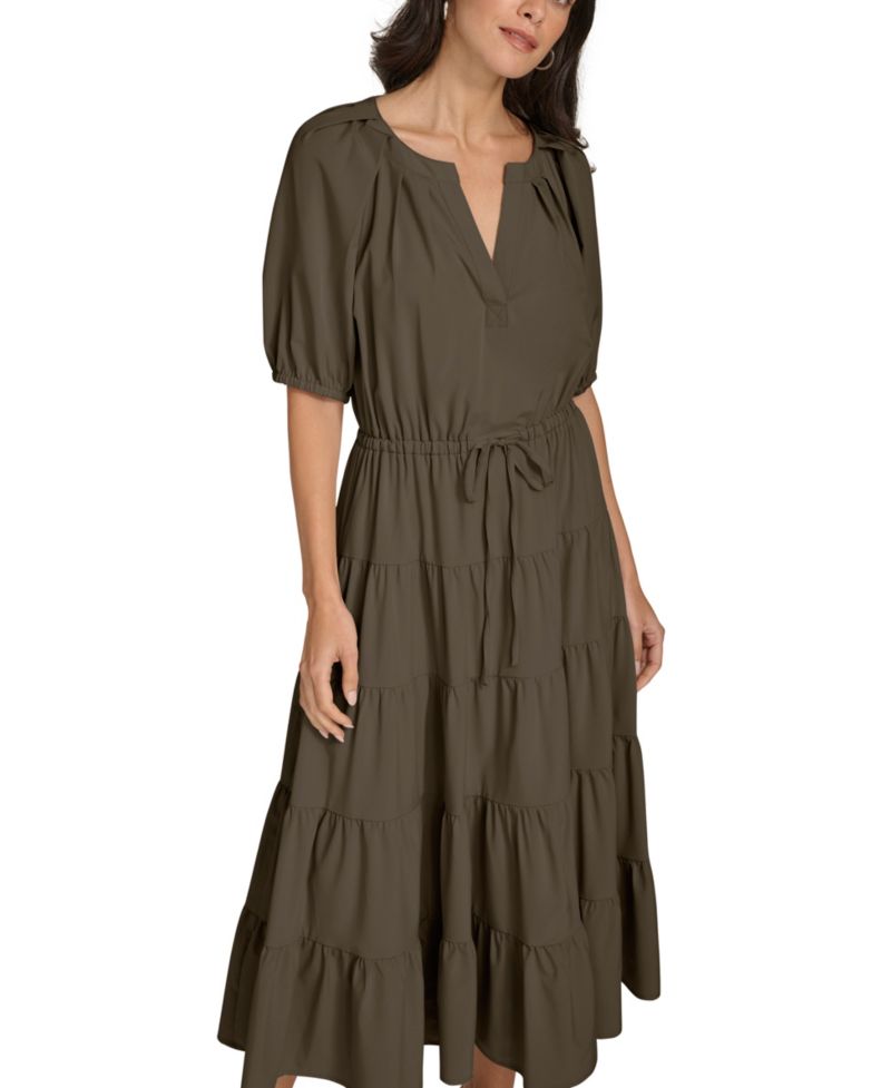 V-Neck Elastic Waistband Midi Dress