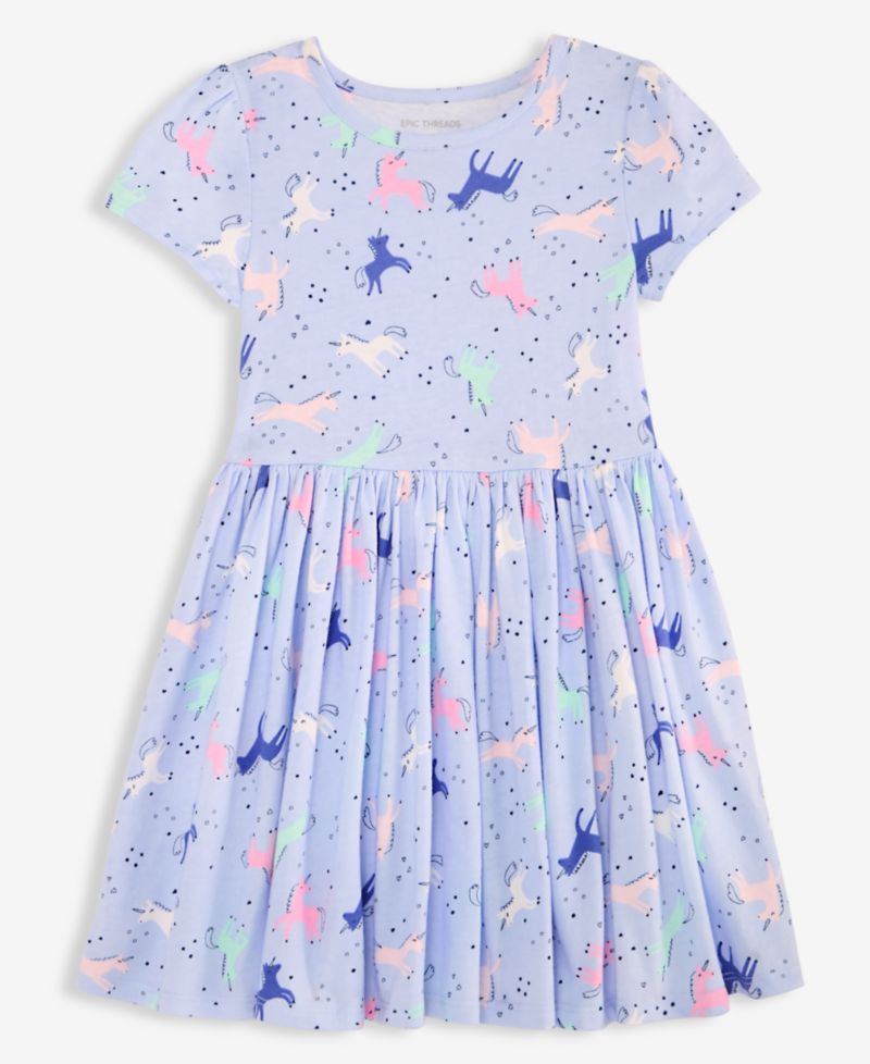 Toddler Girls' 12M-5T Fit & Flare Allover Unicorn-Print Short-Sleeve Dress