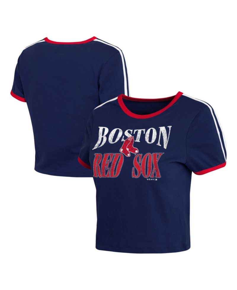 Women's Navy Boston Red Sox Cropped Throwback Ringer Baby T-Shirt