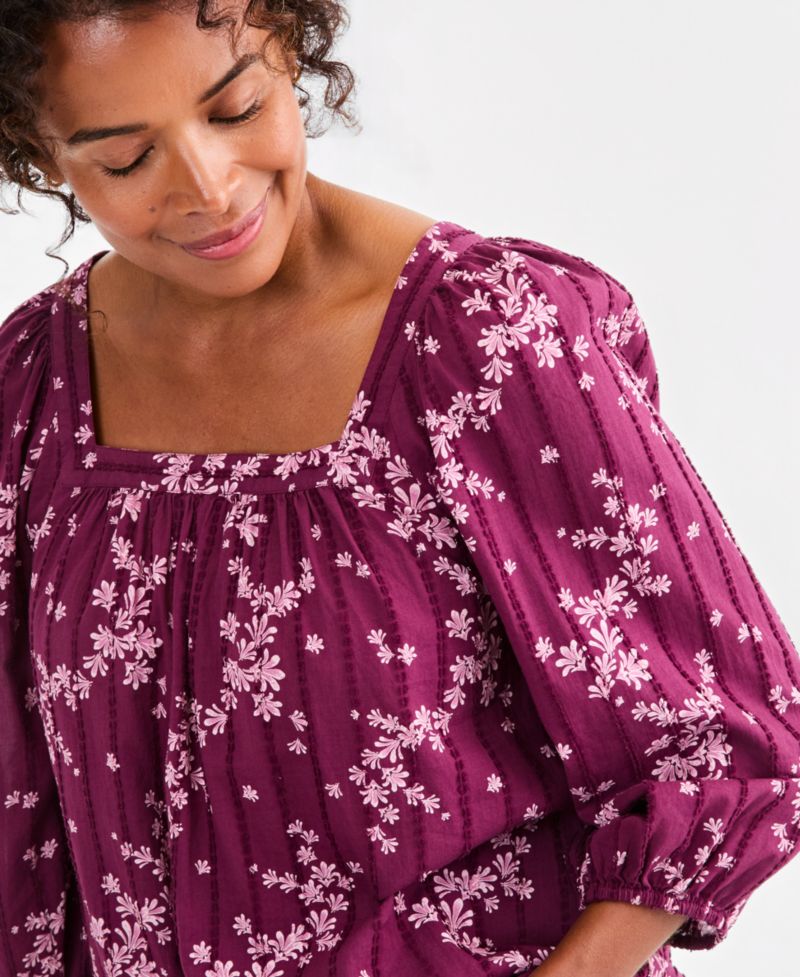 Plus Printed Square-Neck Cotton Top