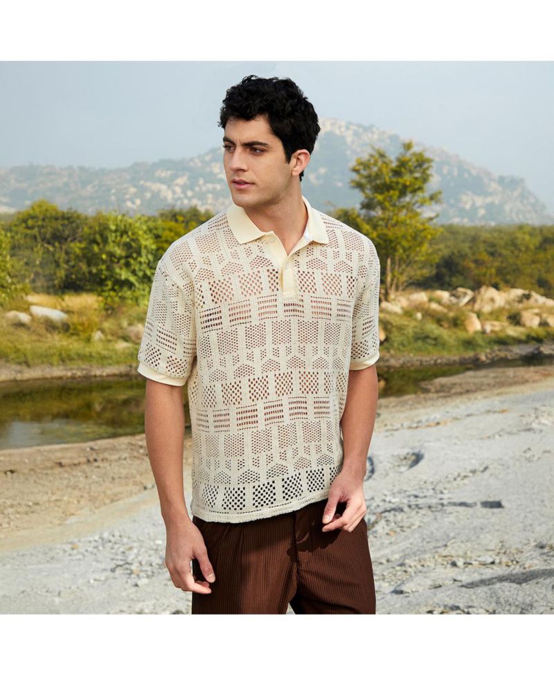 Men's Buff Beige Geo-Boho Oversized Polo T-Shirt