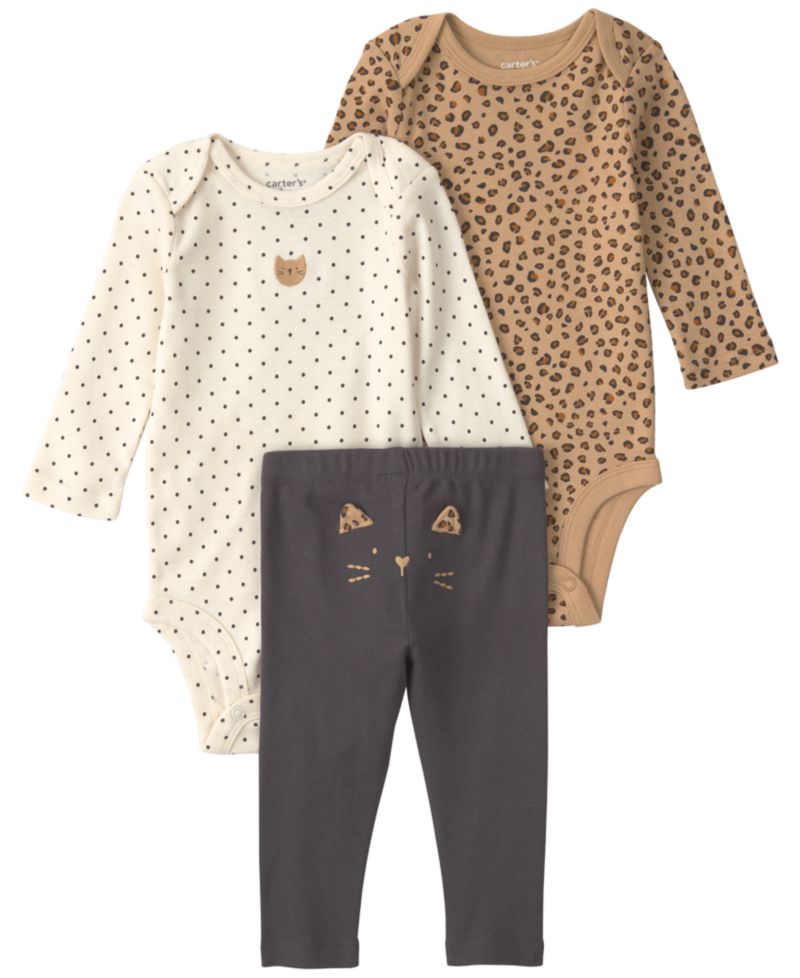 Baby Girls' Leopard Long-Sleeve Bodysuits and Pants, 3-Piece Set