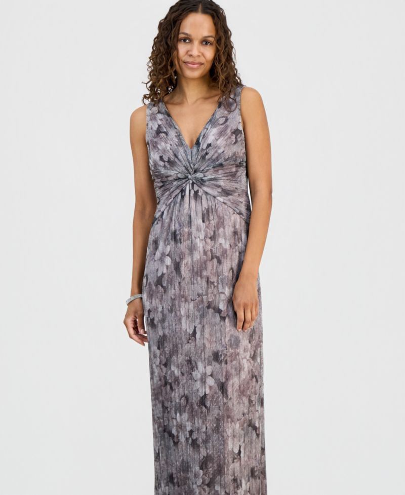 petite Metallic Floral Twist-Front Column Dress