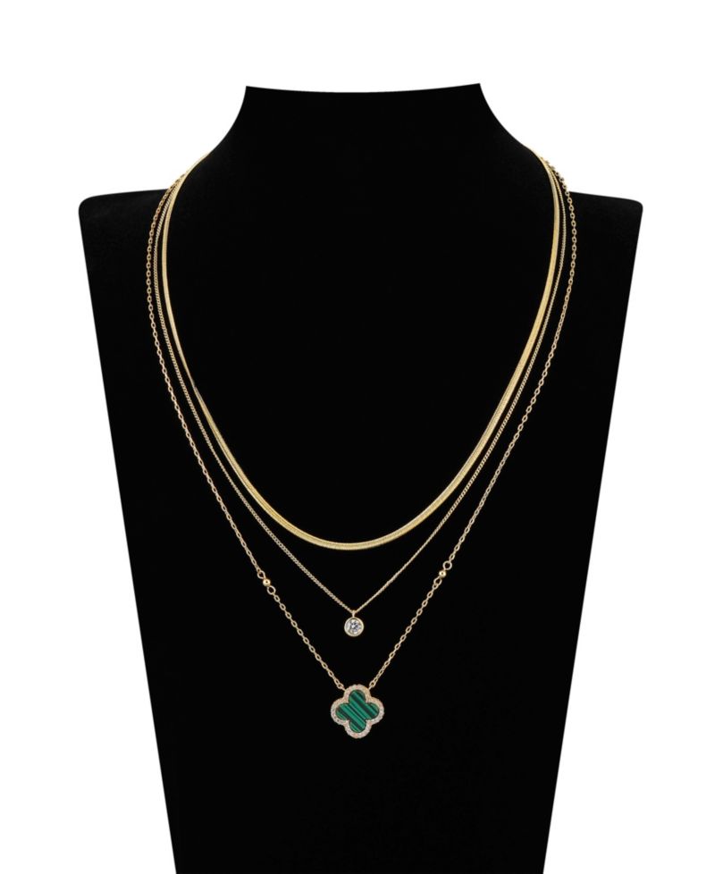 Malachite Clover and Cubic Zirconia Bezel Layered Necklace Set