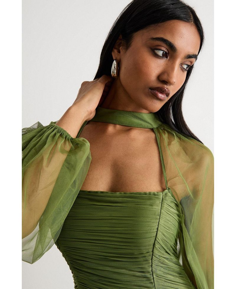Women's Bow Detail Gathered Tulle Maxi Dress
