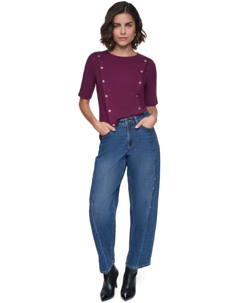 Petite Short-Sleeve Crewneck Ribbed-Knit Cotton-Blend Sweater