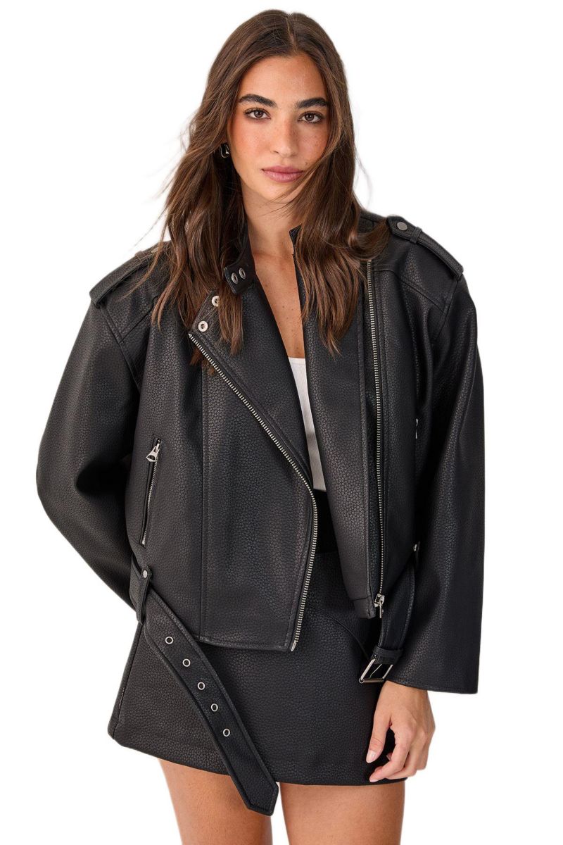 Women's Belted Faux Leather Biker Jacket