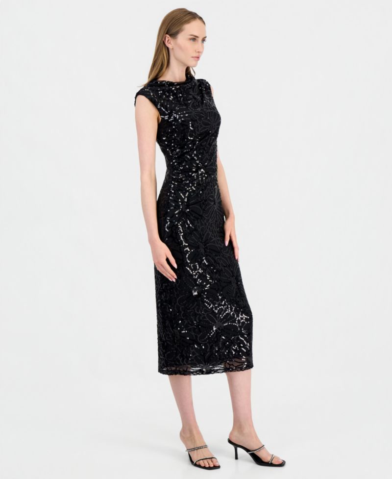 Women's Sleeveless Floral-Sequin Draped-Neck Midi Dress