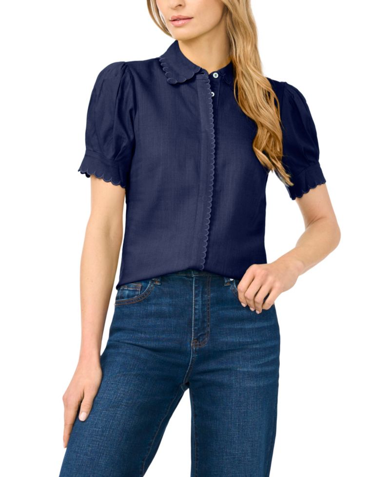 Women's Linen-Blend Short-Sleeve Collared Button-Up Shirt