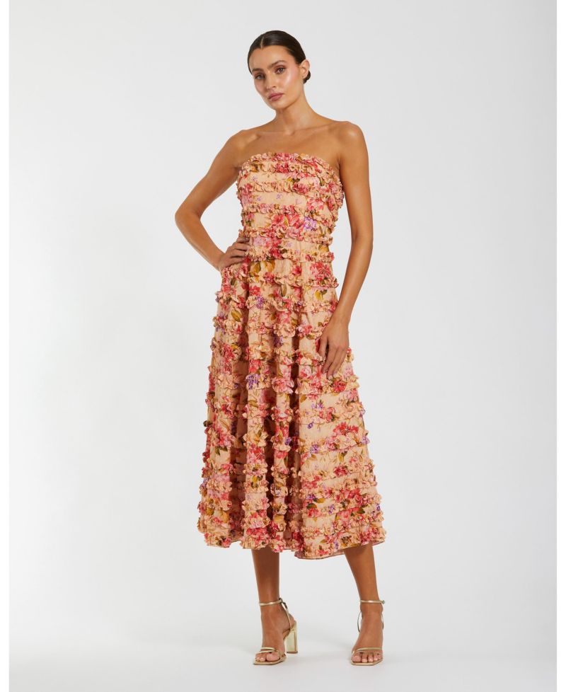 Women's Pink Ruffle Strapless Ankle Cotton Dress