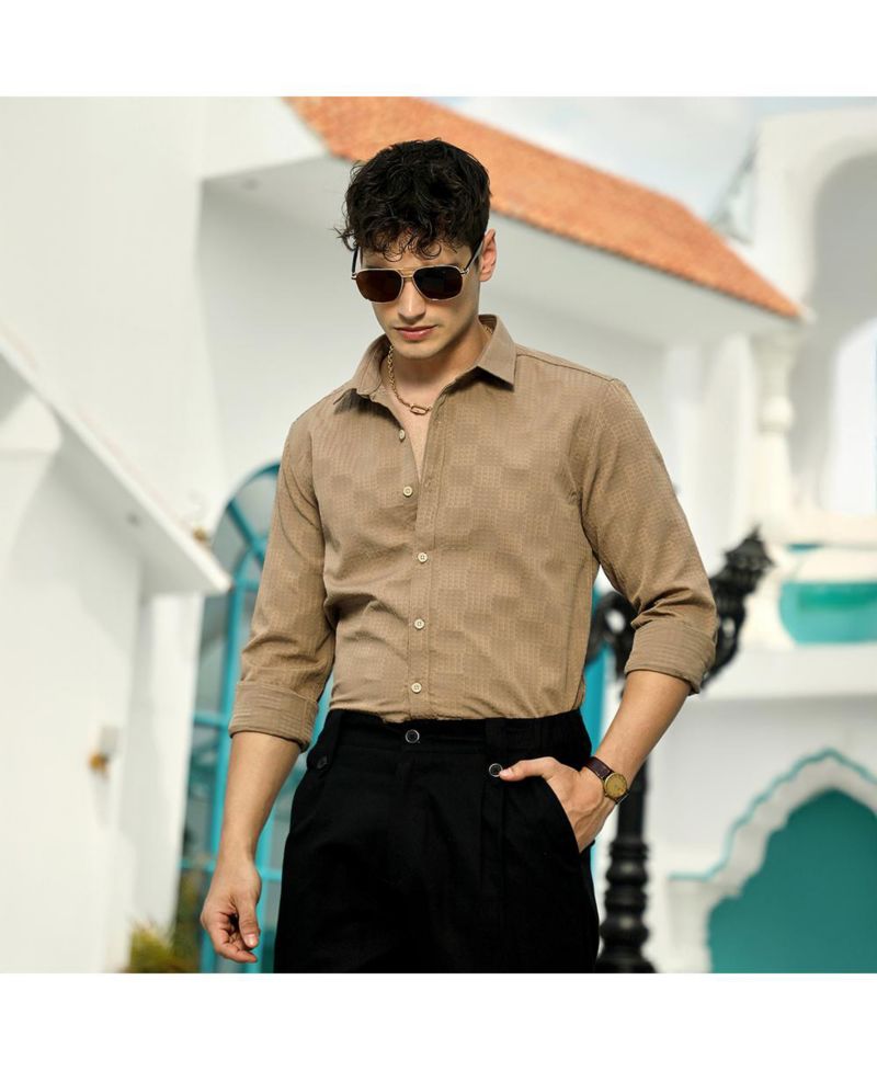 Men's Ash Brown Grid-Check Tactile Shirt