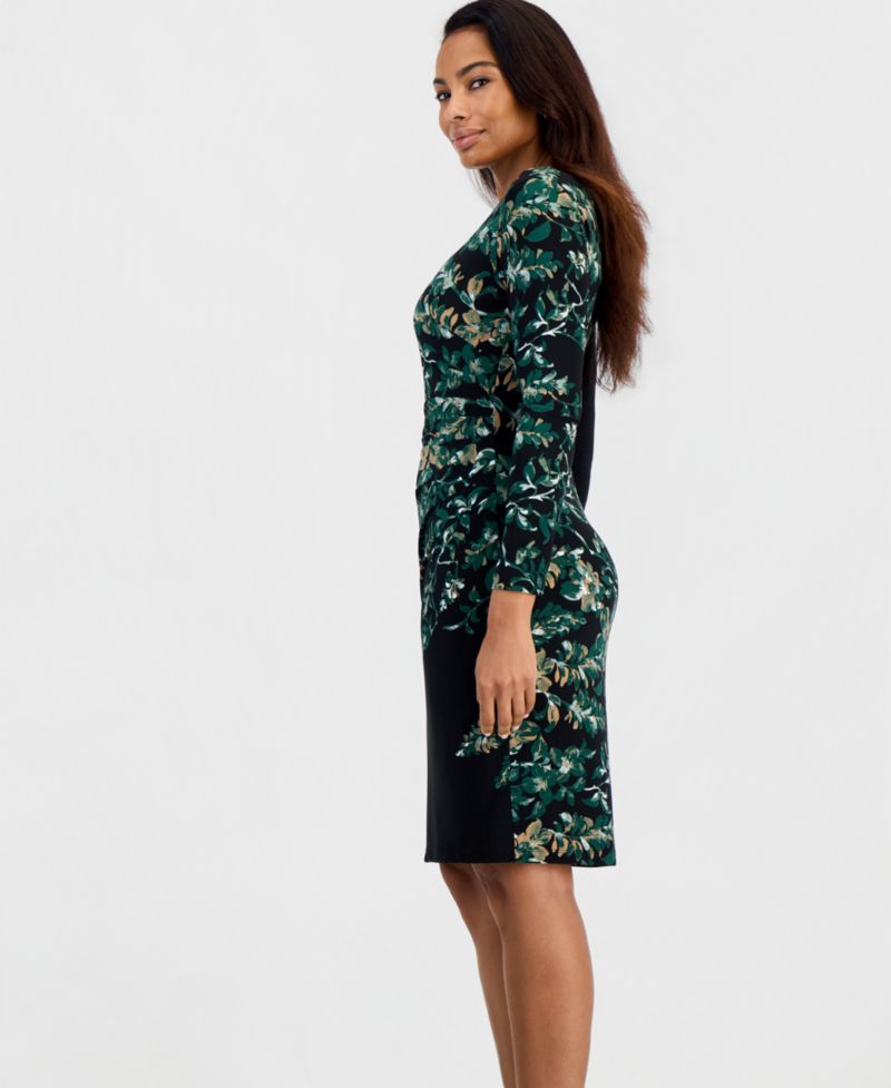 Petite Long-Sleeve Floral Side-Pleat Dress