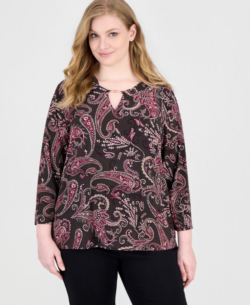 Plus Size Paisley-Print V-Neck Keyhole 3/4-Sleeve Blouse