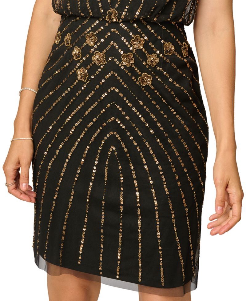 Women's Bead Blouson Sheath Sequin Beaded Boat Neck Dress