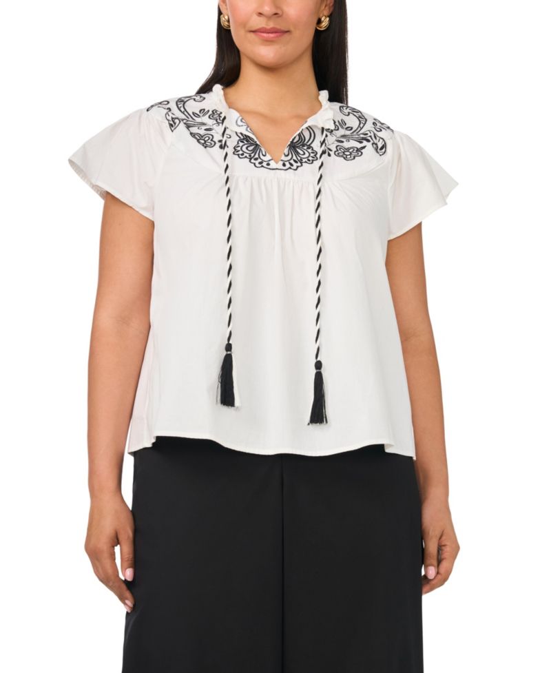 Plus Size Flutter-Sleeve Split Neck Front Yoke Blouse