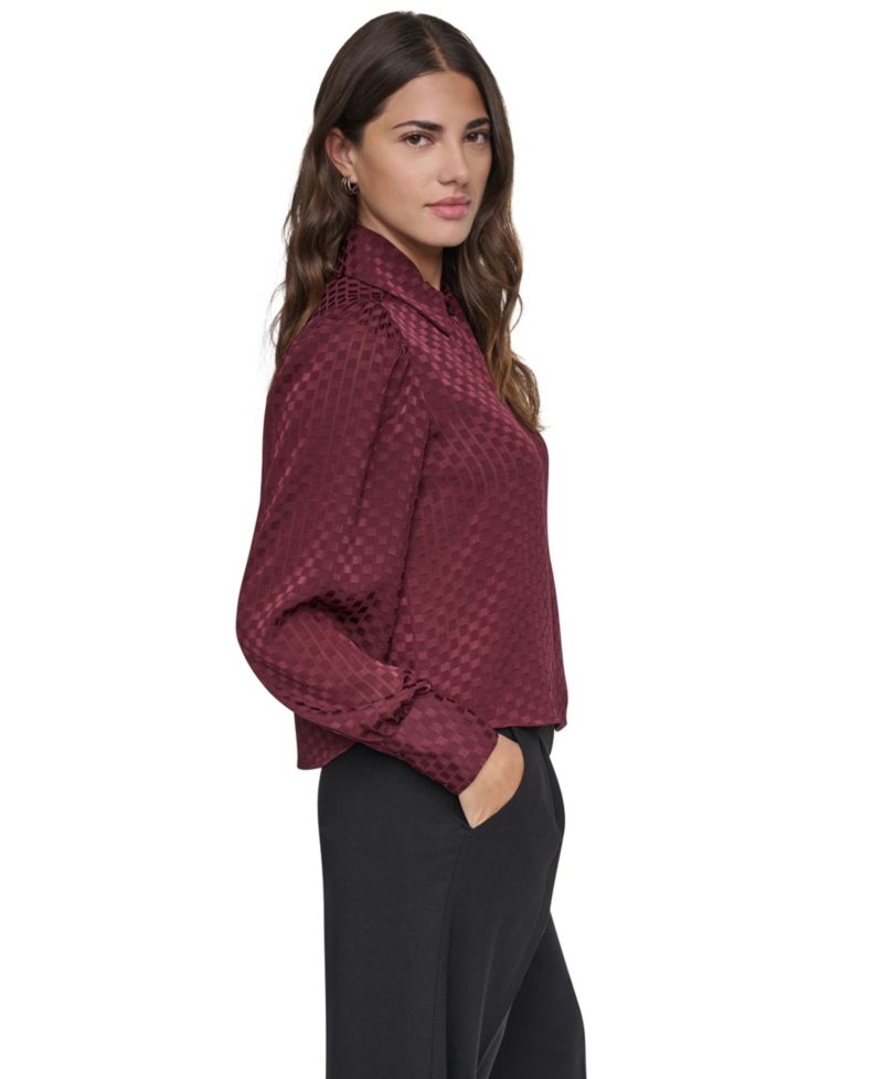 Petite Long-Sleeve Puff-Sleeve Button-Front Blouse