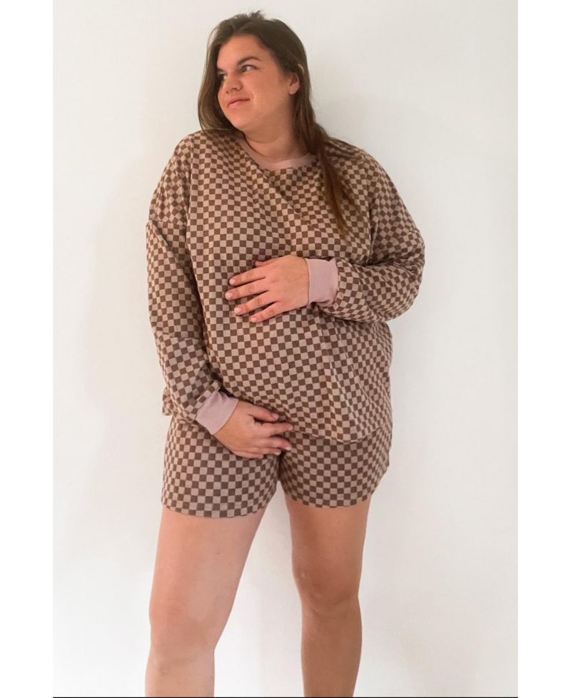 Women's Mocha Checkered Plaid Pullover Shorts Set