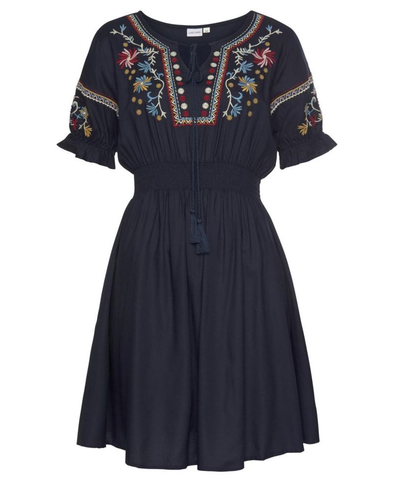 Women's Viscose Embroidered Short A-Line Elastic-Waist Short Dress