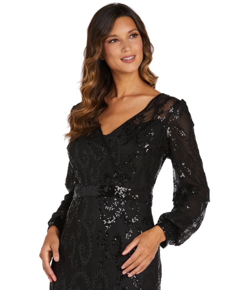 Sequined Blouson-Sleeve Gown