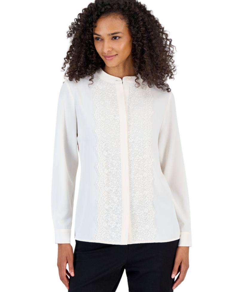 Petite Flutter Long-Sleeve Collared Lace Placket Blouse