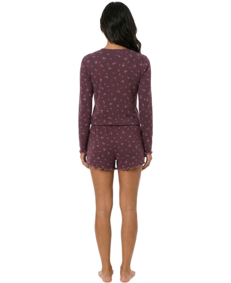 Women's Boat Neck Long-Sleeve Ribbed Tee and Shorts Set, 3" Inseam