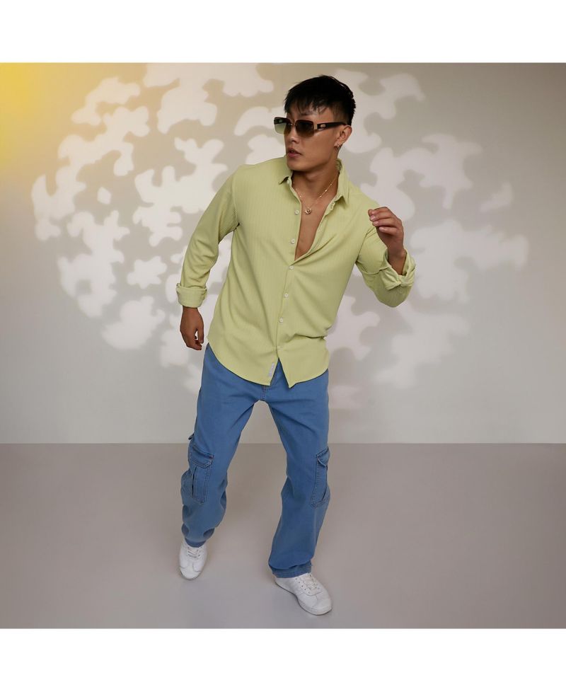 Men's Lime Green Stripe-Creased Shirt