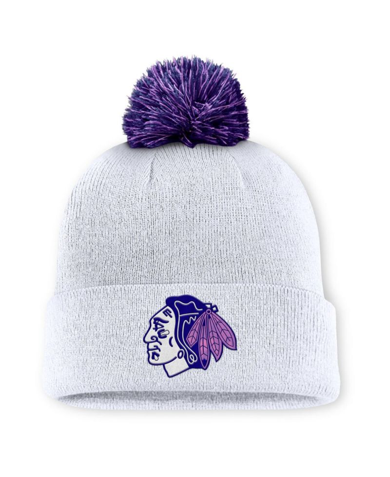 Men's White Chicago Blackhawks Authentic Pro Hockey Fights Cancer Cuffed Knit Hat with Pom