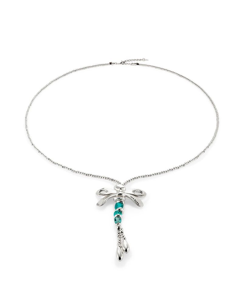 Long Sterling Silver Plated and Green Crystal Dragonfly Necklace