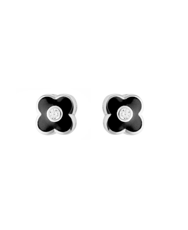 Sterling Silver Black Enamel Clover with Cubic Zirconia Stud Earrings