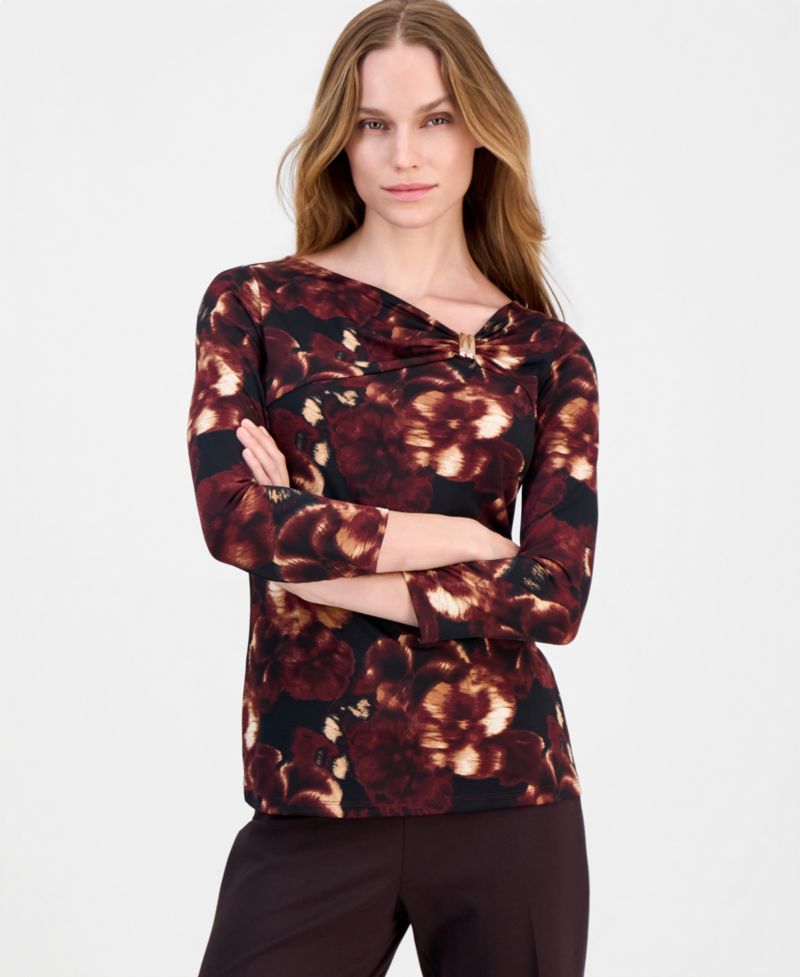 Petite Printed Asymmetric-Neck 3/4-Sleeve Top