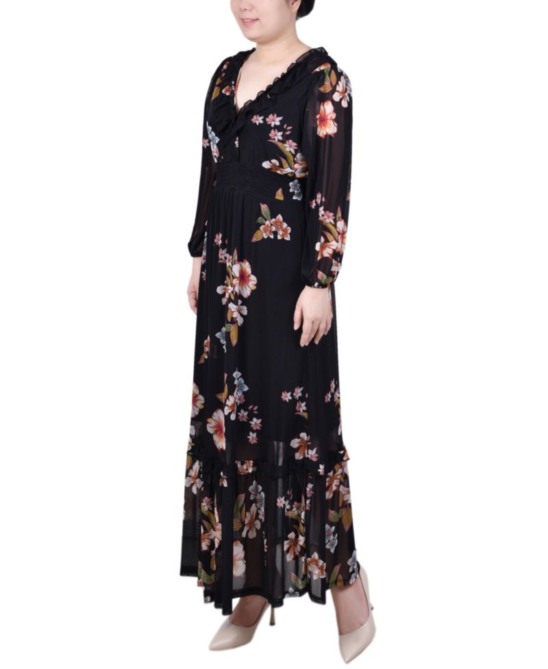 Petite Long Sleeve Mesh Maxi Dress