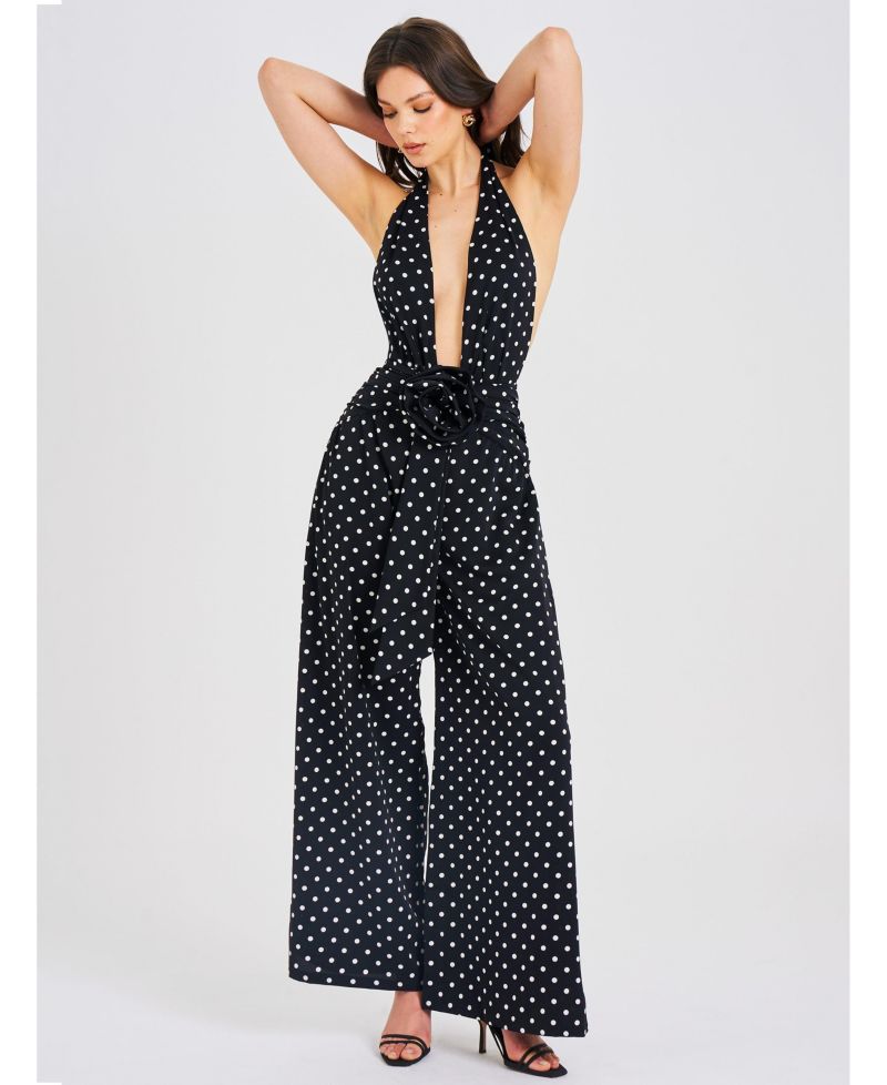Women Oriana Black Polka Dots Halter Jumpsuit