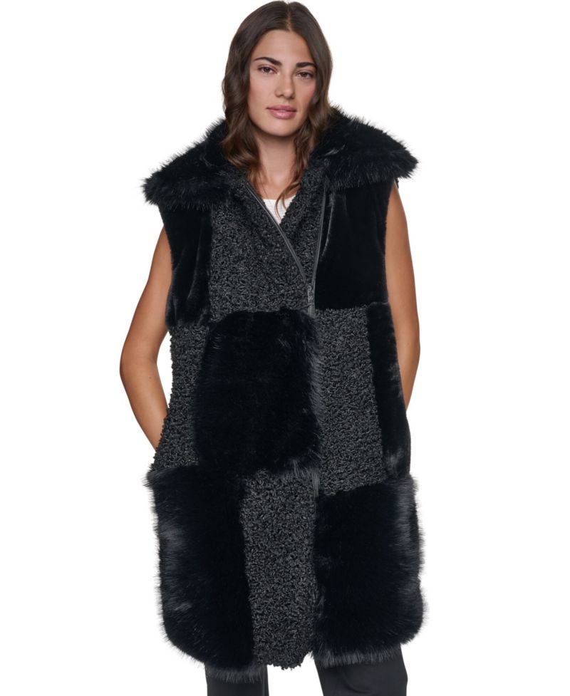 Women's Patch-Mix Mid-Length Collared Faux Fur Vest