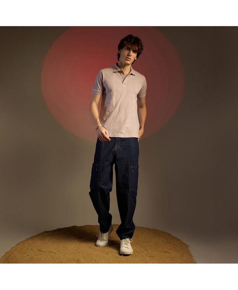 Men's Blush Pink Lined-Knit Polo T-Shirt