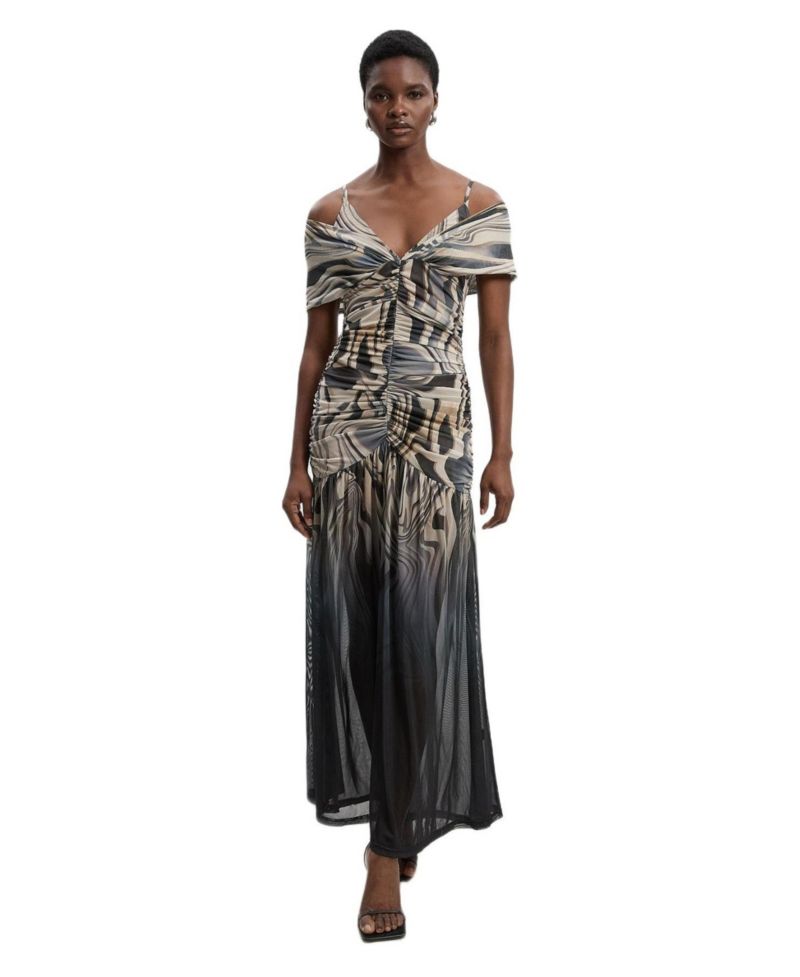Women's Marble Print Mesh Plunge Maxi Dress