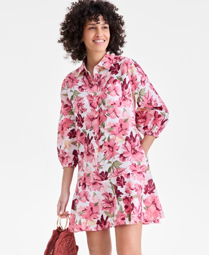 Plus Size 100% Linen Collared Flounce Dress