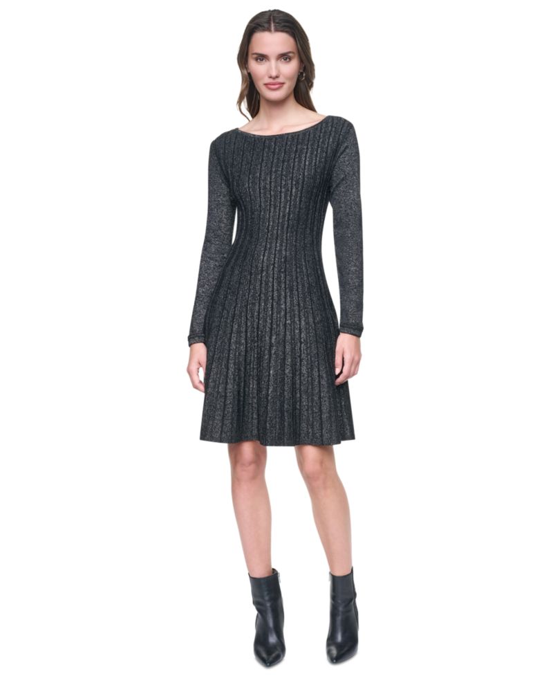 Petite Long-Sleeve Boat Neck Ribbed Fit & Flare Dress