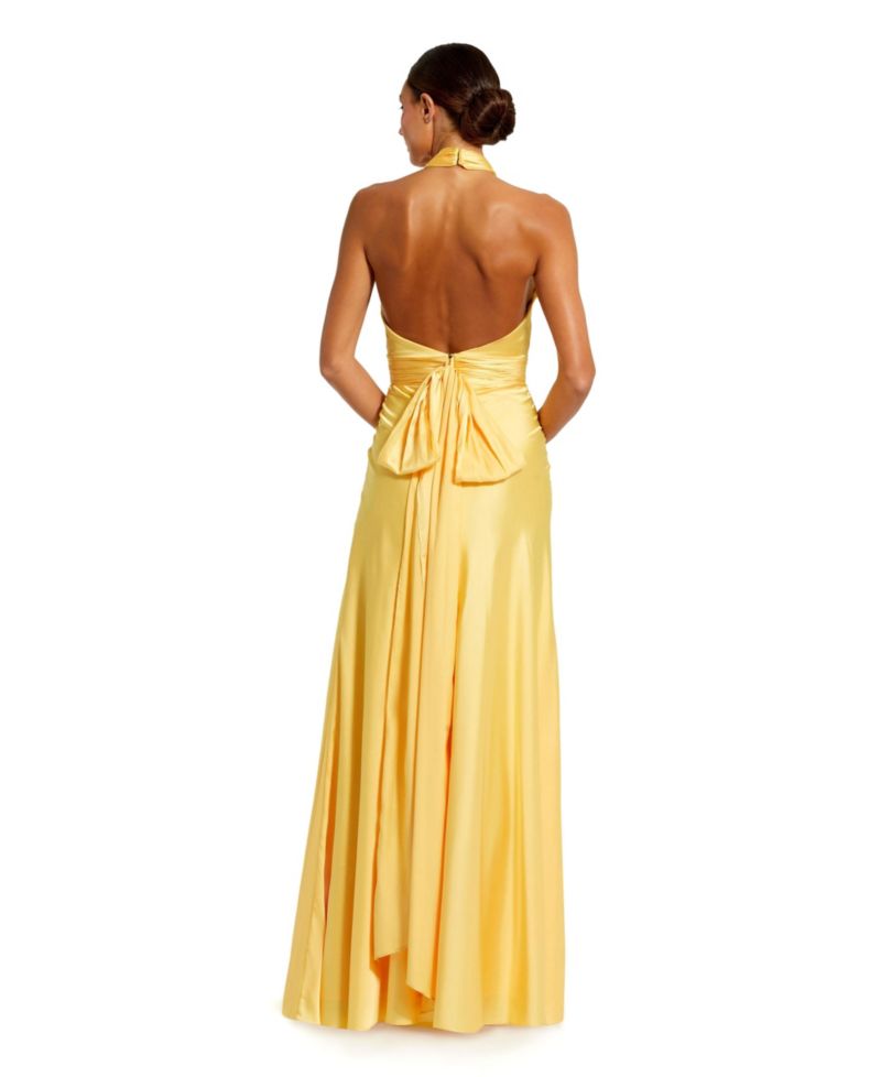 omen's Ruched Halter Neck Tie Back Satin Gown