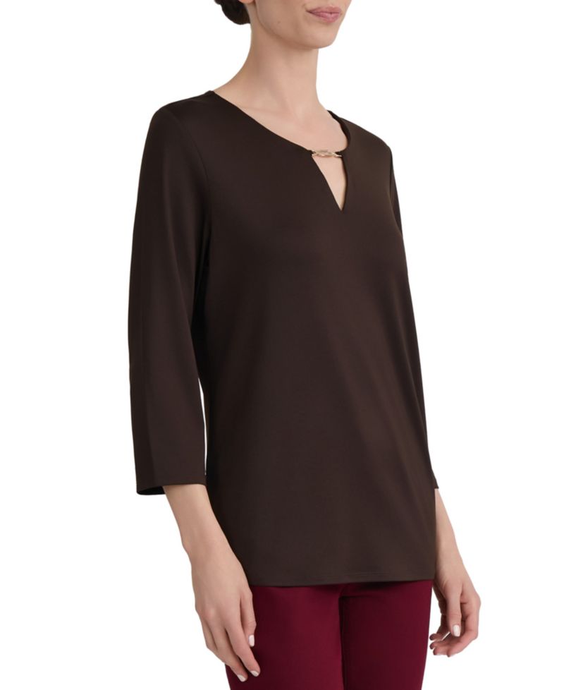 Petite 3/4-Sleeve Keyhole Buckle Trim Blouse