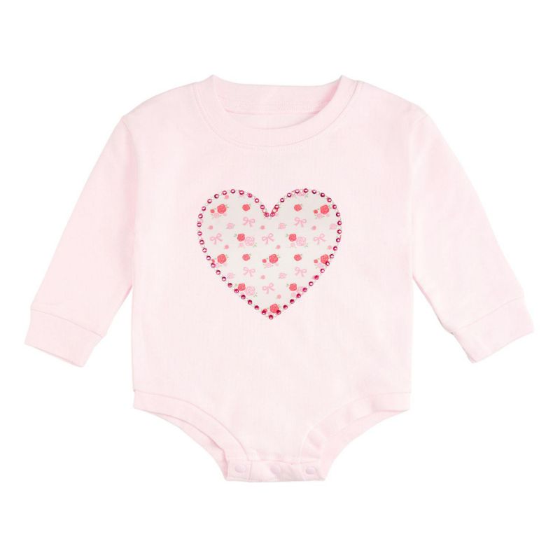 Baby Girls Dainty Rose Pearl Heart Patch Long Sleeve Romper