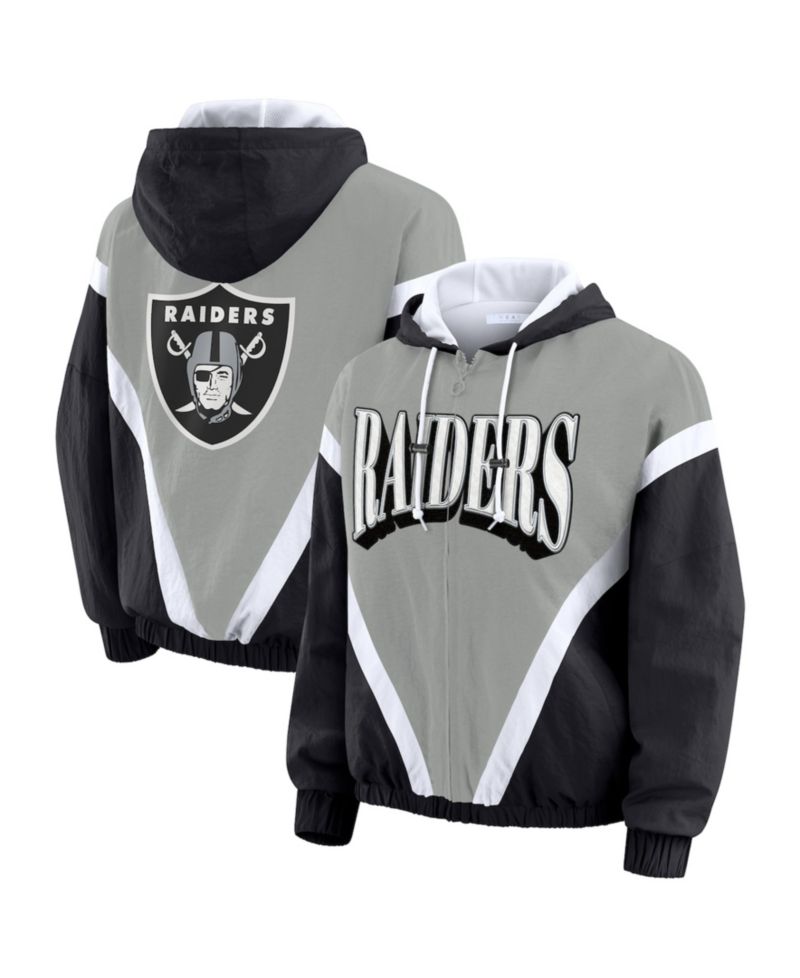 Women's Black/Gray Las Vegas Raiders Plus Size Retro Crinkle Full-Zip Hoodie Windbreaker Jacket