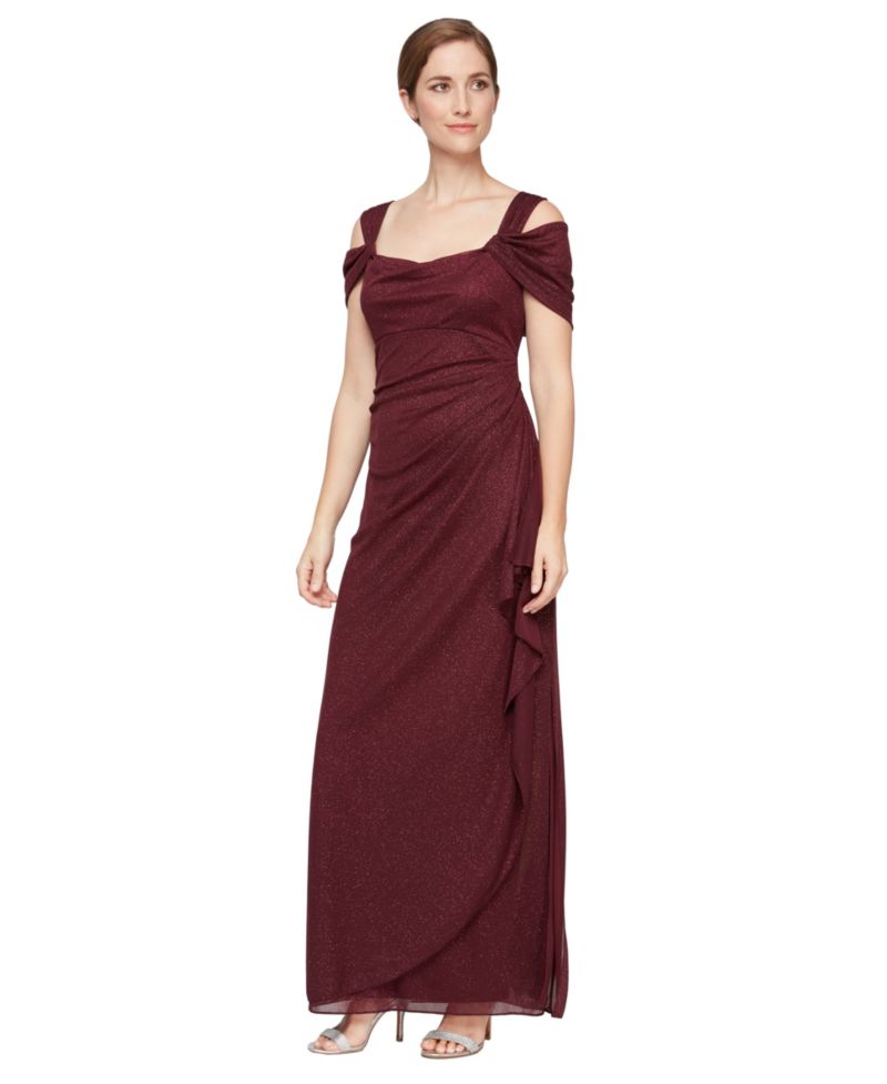Women's Cold-Shoulder Draped Metallic Gown
